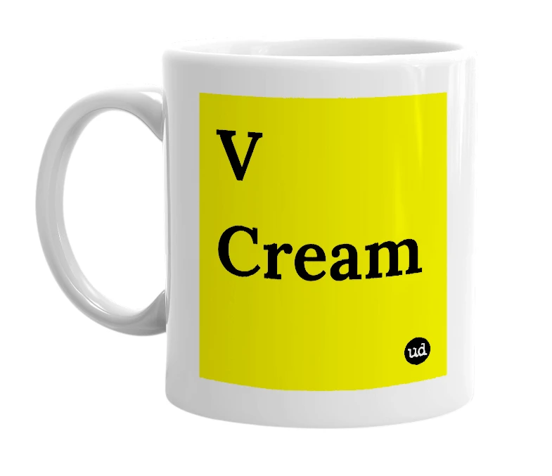 White mug with 'V Cream' in bold black letters