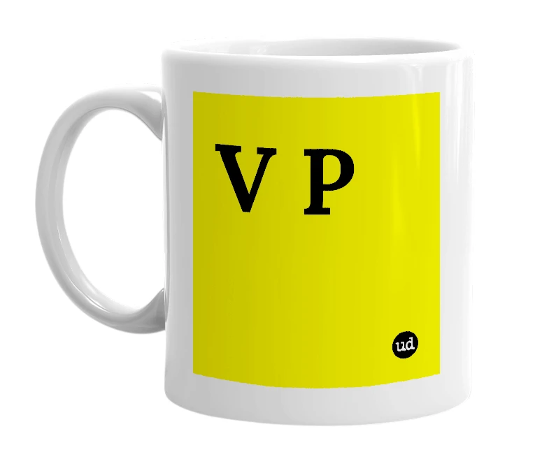 White mug with 'V P' in bold black letters