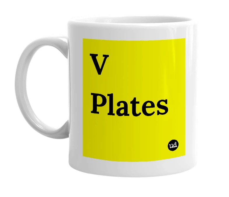 White mug with 'V Plates' in bold black letters