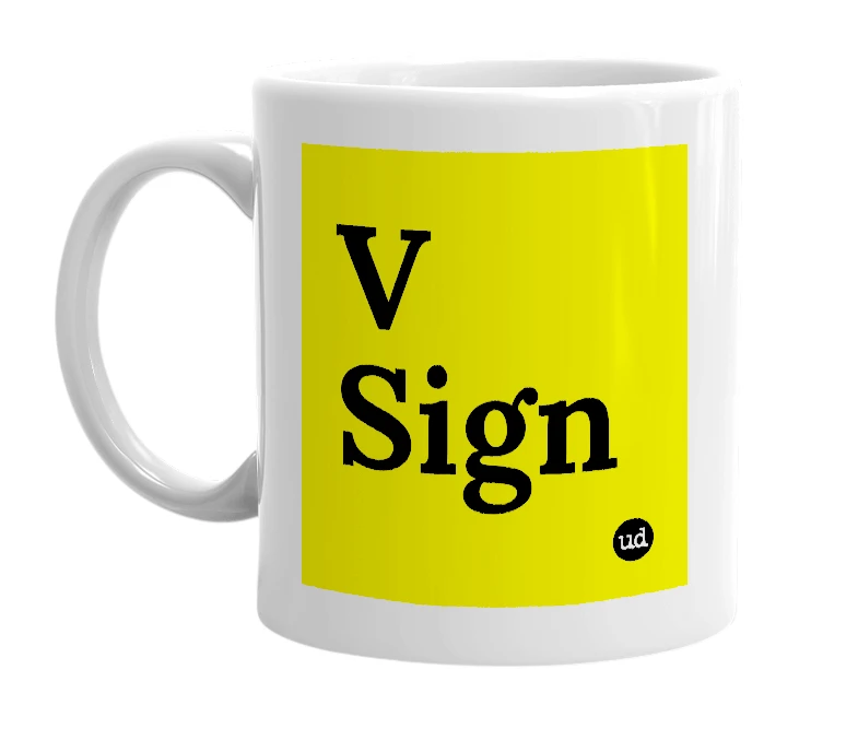 White mug with 'V Sign' in bold black letters