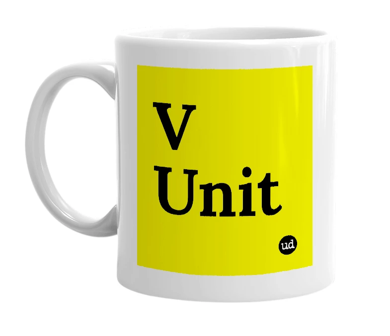 White mug with 'V Unit' in bold black letters