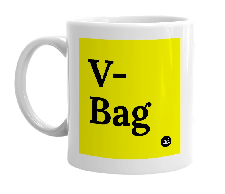 White mug with 'V-Bag' in bold black letters