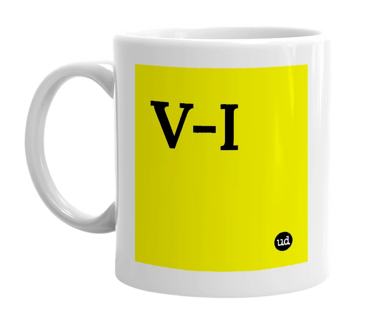 White mug with 'V-I' in bold black letters