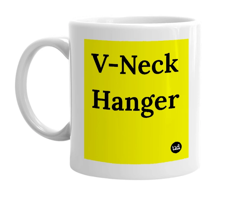 White mug with 'V-Neck Hanger' in bold black letters