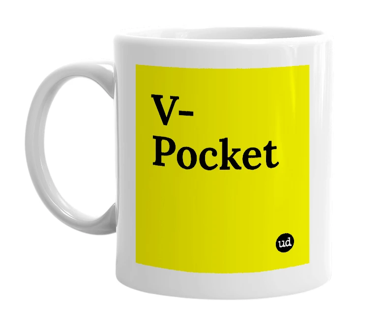 White mug with 'V-Pocket' in bold black letters
