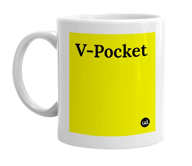 White mug with 'V-Pocket' in bold black letters