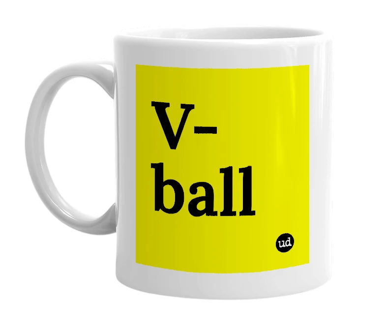 White mug with 'V-ball' in bold black letters