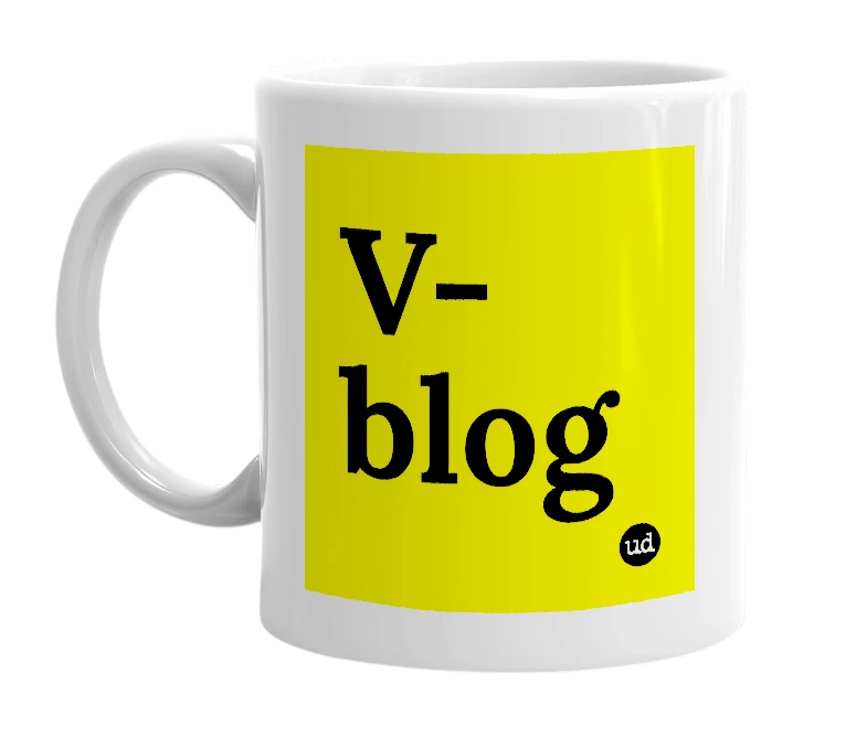 White mug with 'V-blog' in bold black letters