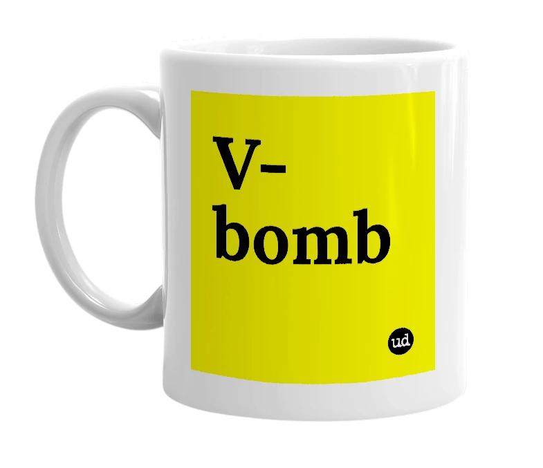 White mug with 'V-bomb' in bold black letters
