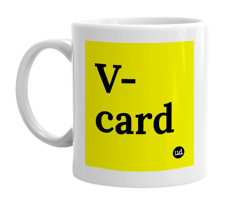 White mug with 'V-card' in bold black letters