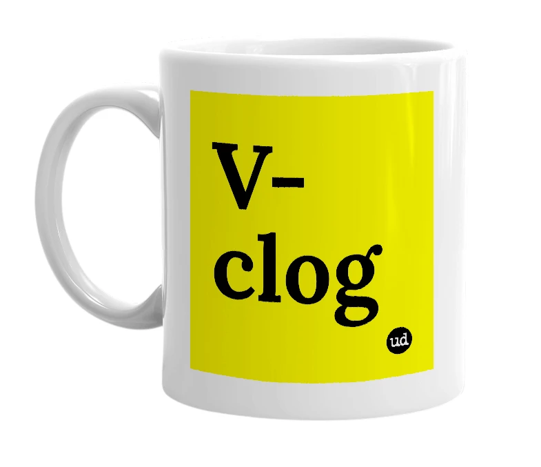 White mug with 'V-clog' in bold black letters