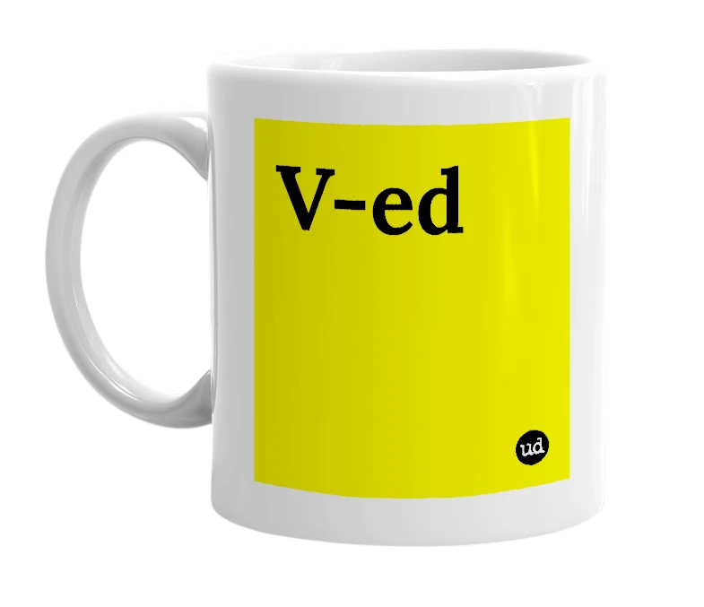 White mug with 'V-ed' in bold black letters