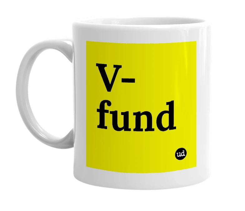 White mug with 'V-fund' in bold black letters