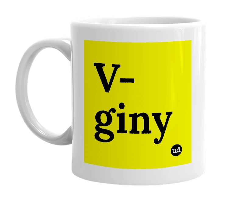 White mug with 'V-giny' in bold black letters