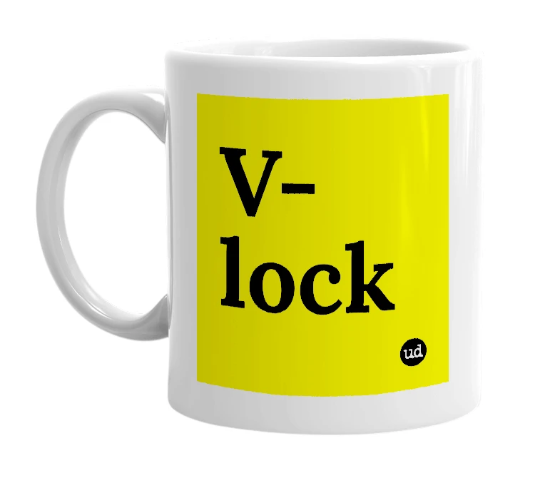 White mug with 'V-lock' in bold black letters
