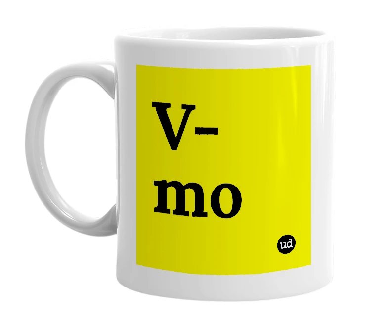 White mug with 'V-mo' in bold black letters