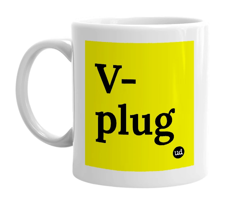 White mug with 'V-plug' in bold black letters