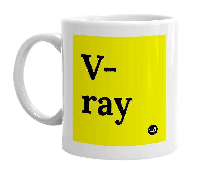 White mug with 'V-ray' in bold black letters