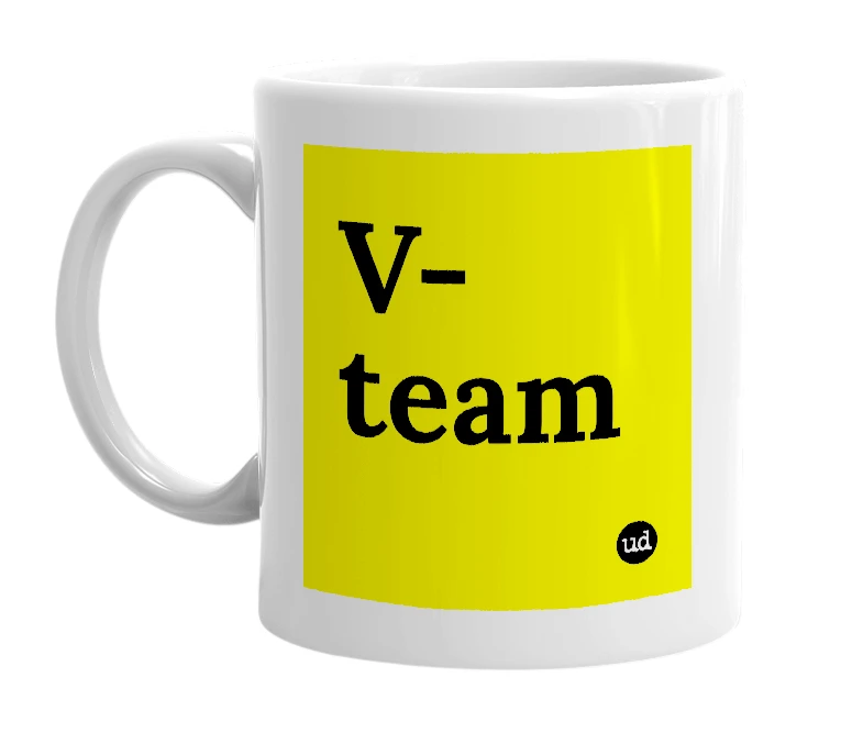 White mug with 'V-team' in bold black letters