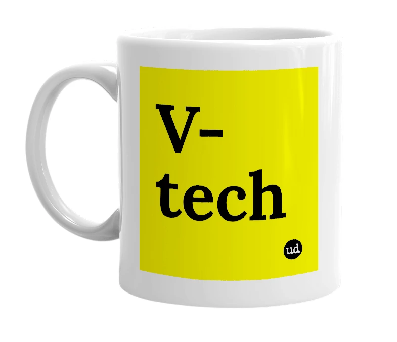 White mug with 'V-tech' in bold black letters