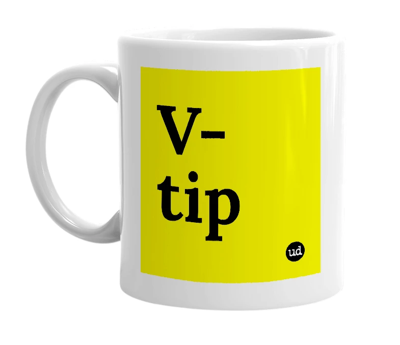 White mug with 'V-tip' in bold black letters