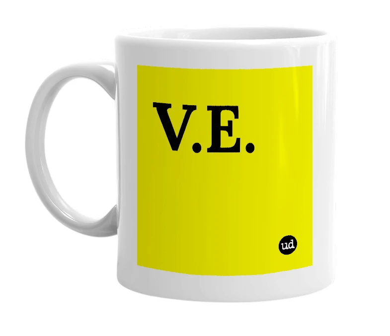 White mug with 'V.E.' in bold black letters