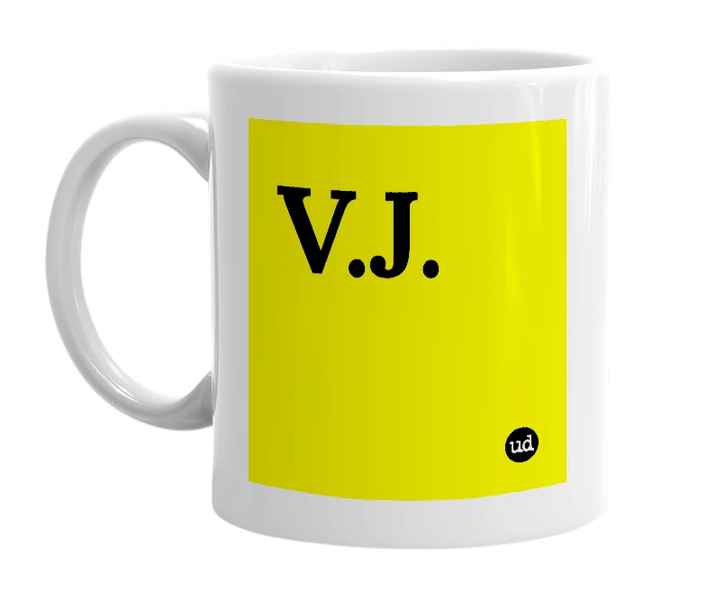 White mug with 'V.J.' in bold black letters