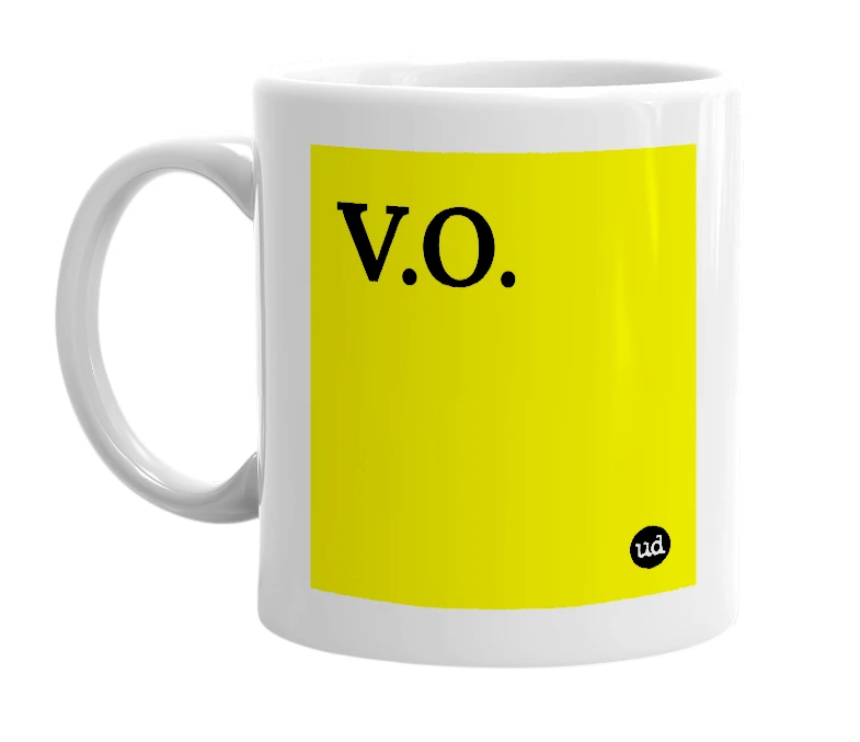 White mug with 'V.O.' in bold black letters