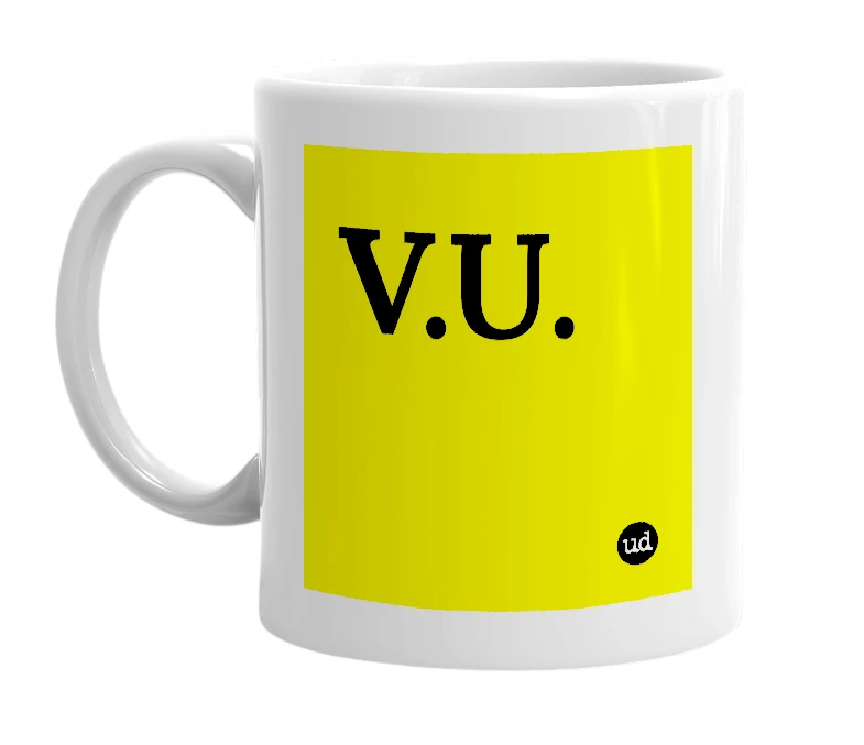 White mug with 'V.U.' in bold black letters