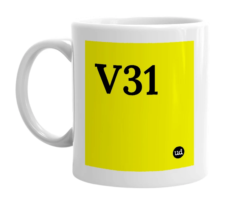 White mug with 'V31' in bold black letters