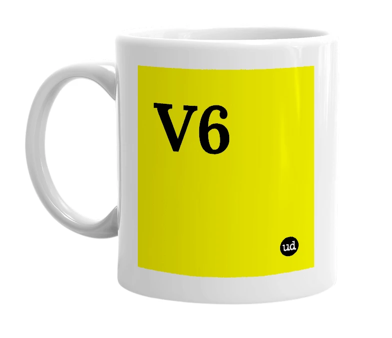 White mug with 'V6' in bold black letters
