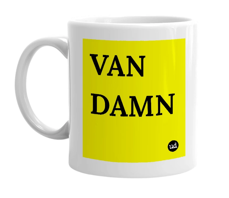 White mug with 'VAN DAMN' in bold black letters