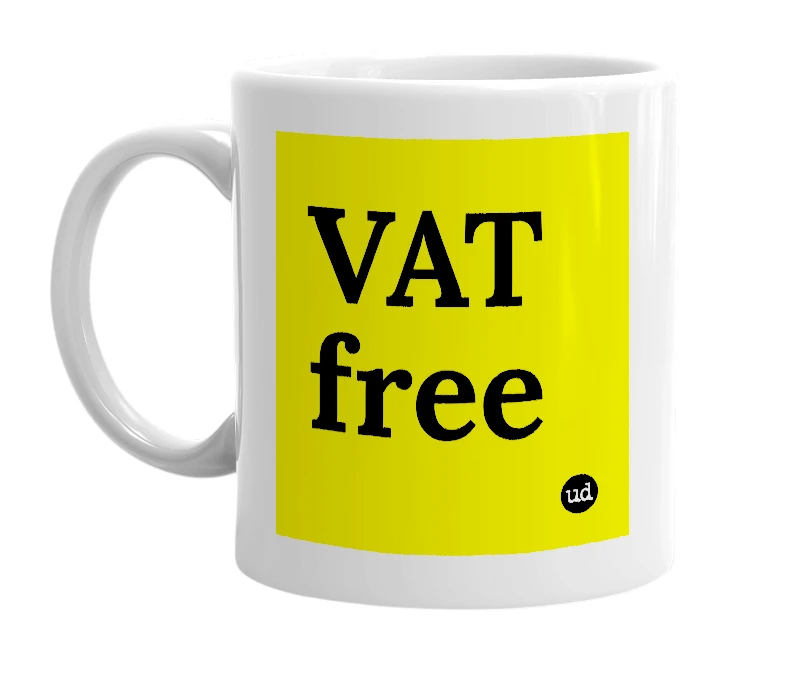 White mug with 'VAT free' in bold black letters