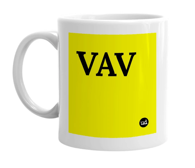 White mug with 'VAV' in bold black letters