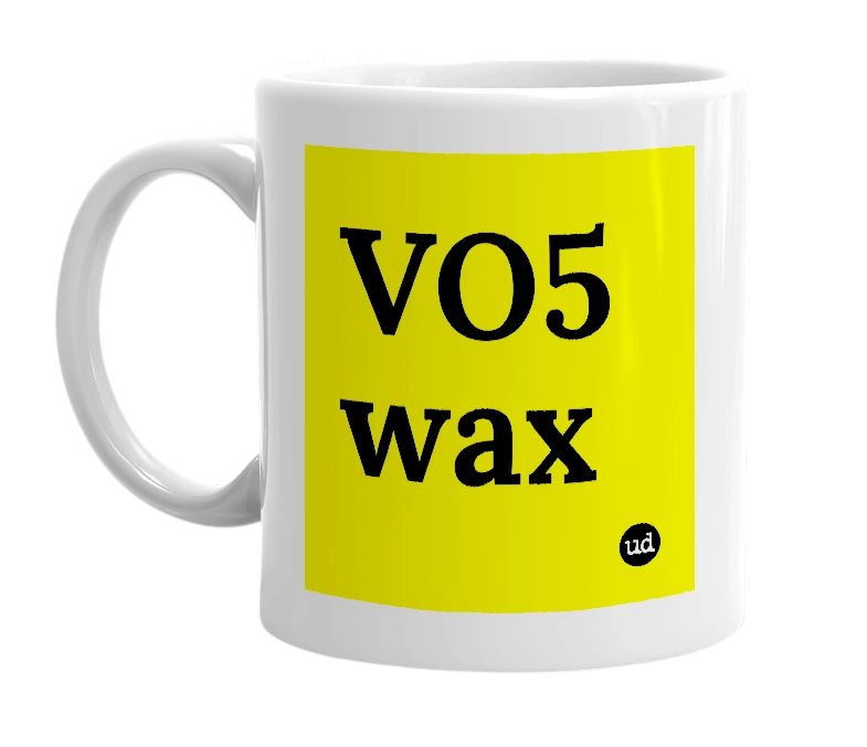 White mug with 'VO5 wax' in bold black letters