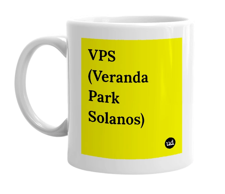 White mug with 'VPS (Veranda Park Solanos)' in bold black letters
