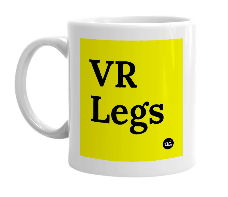 White mug with 'VR Legs' in bold black letters