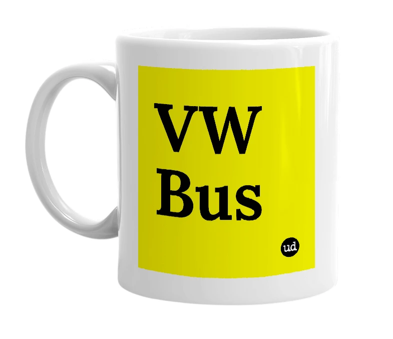 White mug with 'VW Bus' in bold black letters
