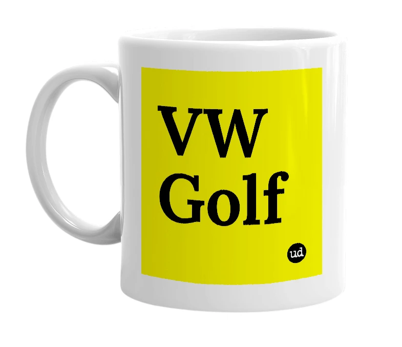 White mug with 'VW Golf' in bold black letters