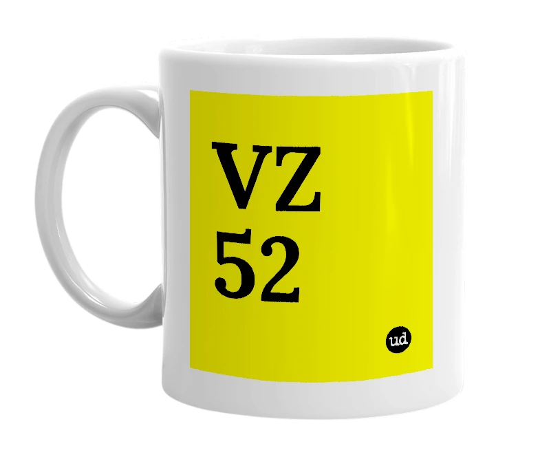 White mug with 'VZ 52' in bold black letters