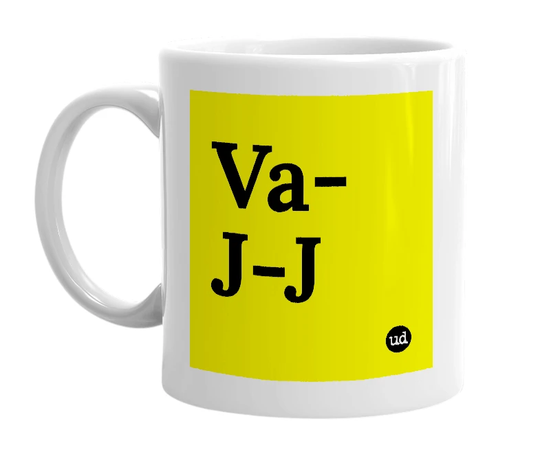 White mug with 'Va-J-J' in bold black letters