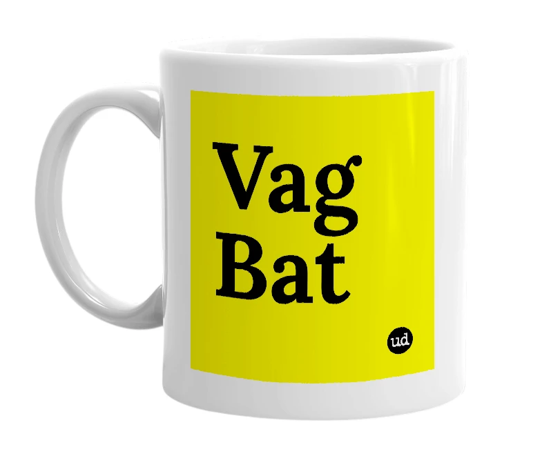 White mug with 'Vag Bat' in bold black letters