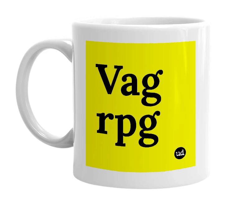 White mug with 'Vag rpg' in bold black letters