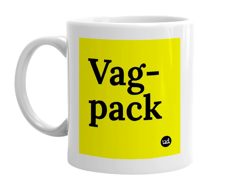 White mug with 'Vag-pack' in bold black letters