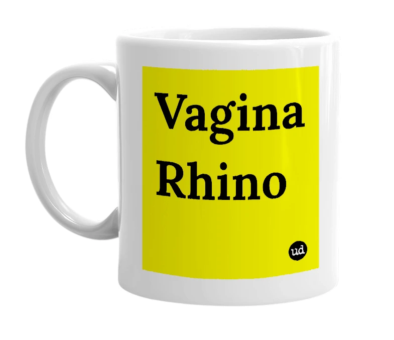 White mug with 'Vagina Rhino' in bold black letters