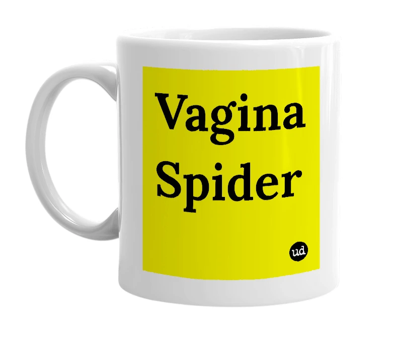 White mug with 'Vagina Spider' in bold black letters