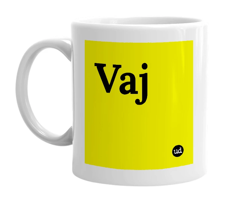 White mug with 'Vaj' in bold black letters