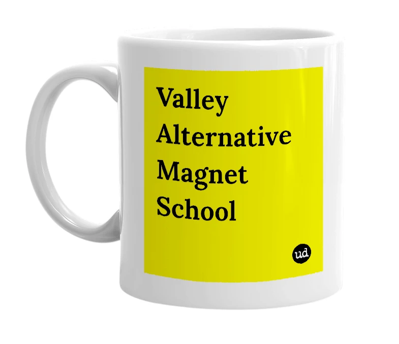 White mug with 'Valley Alternative Magnet School' in bold black letters
