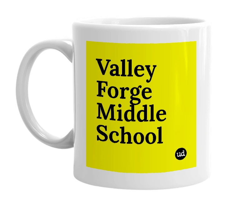 White mug with 'Valley Forge Middle School' in bold black letters