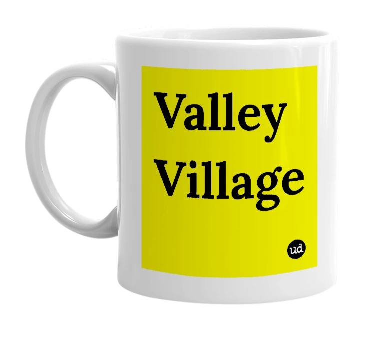 White mug with 'Valley Village' in bold black letters